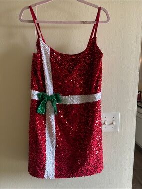 No Boundaries Red Sequin Party Top with White & Green Trim
